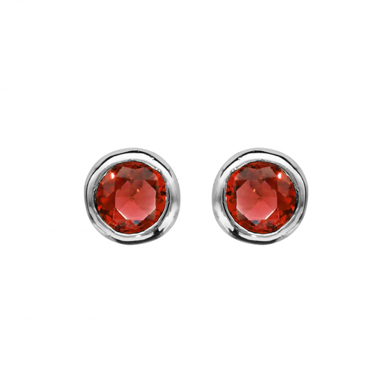 Boucles d'oreilles en argent rhodié avec pierre rouge ronde sertie